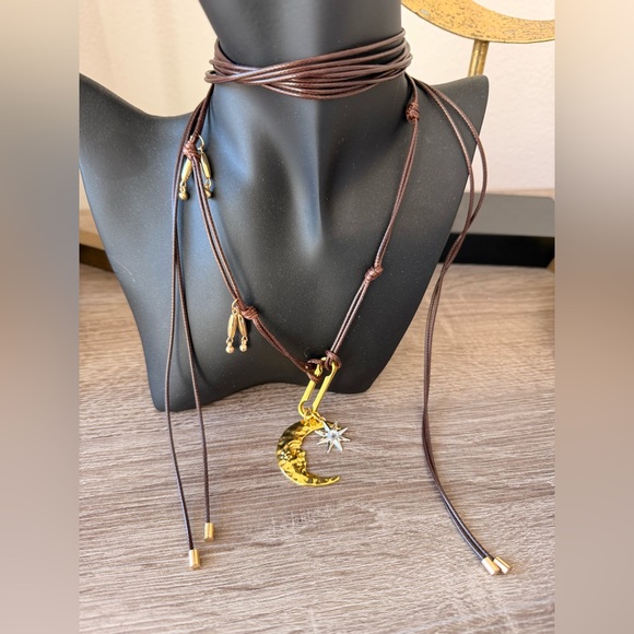 Brown strap moon Necklace N1157 - Picture 3 of 5